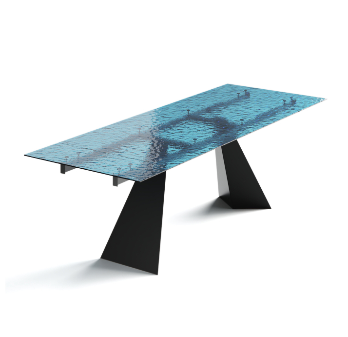 Стол обеденный STANT DINING TABLE BLACK BLUE CLEAR HAMMERED GLASS  240X90X75 СМ. (NRM00763)