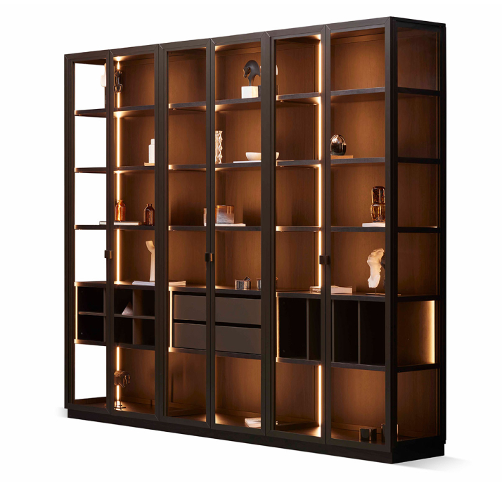 Шкаф напольный PERSONA Bookcase 3 Section 6 Door Anthracite walnut veneer Transparent glass 265X45X2