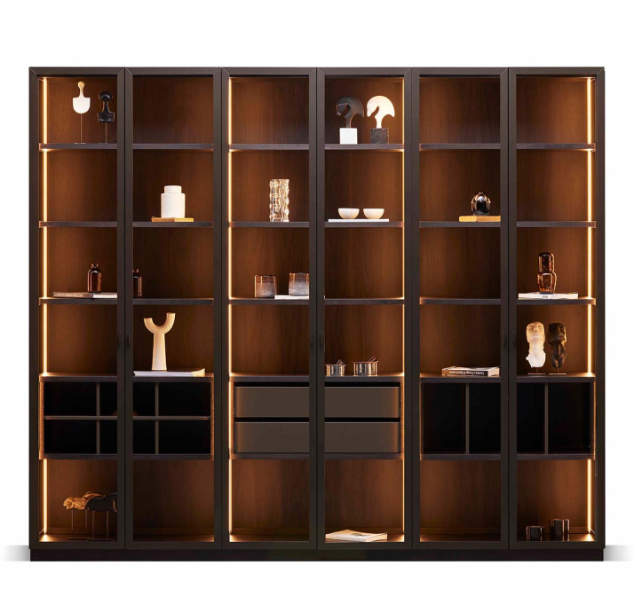 Шкаф напольный PERSONA Bookcase 3 Section 6 Door Anthracite walnut veneer Transparent glass 265X45X2