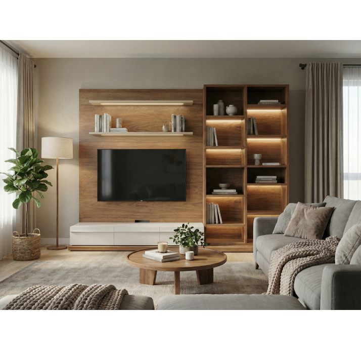Стеллаж прямой LIBRUM TV BIG SET MATTE RAL 9016 WHITE Natural walnut veneer  275X50X205 СМ. (FUG0004