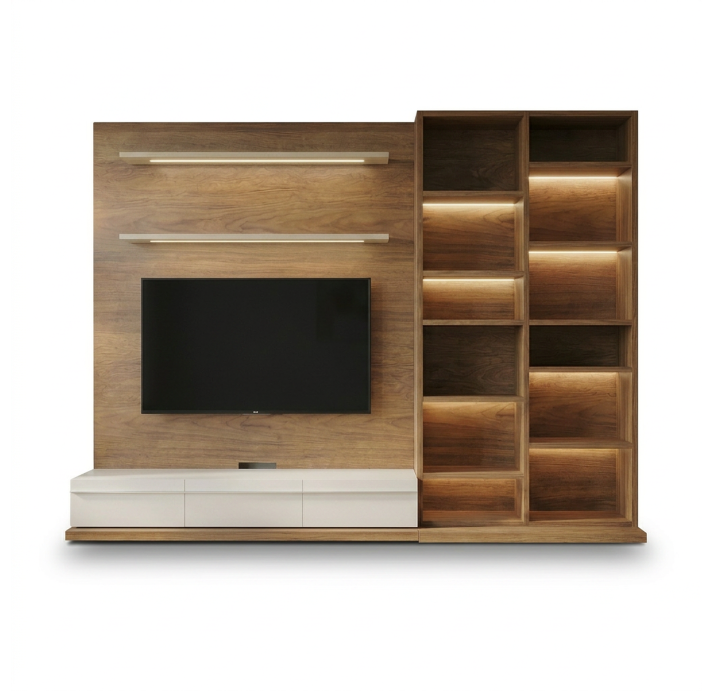 Стеллаж прямой LIBRUM TV BIG SET MATTE RAL 9016 WHITE Natural walnut veneer  275X50X205 СМ. (FUG0004