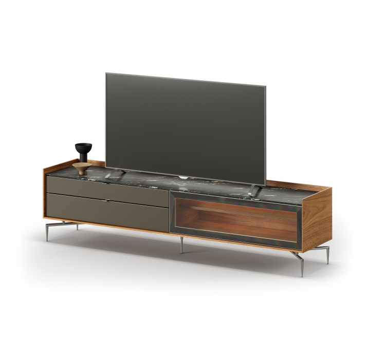 Тумба под ТВ MEST TV STAND Natural walnut MARBLE AURA Reflective glass 165X50X55 СМ. (FUG00143)